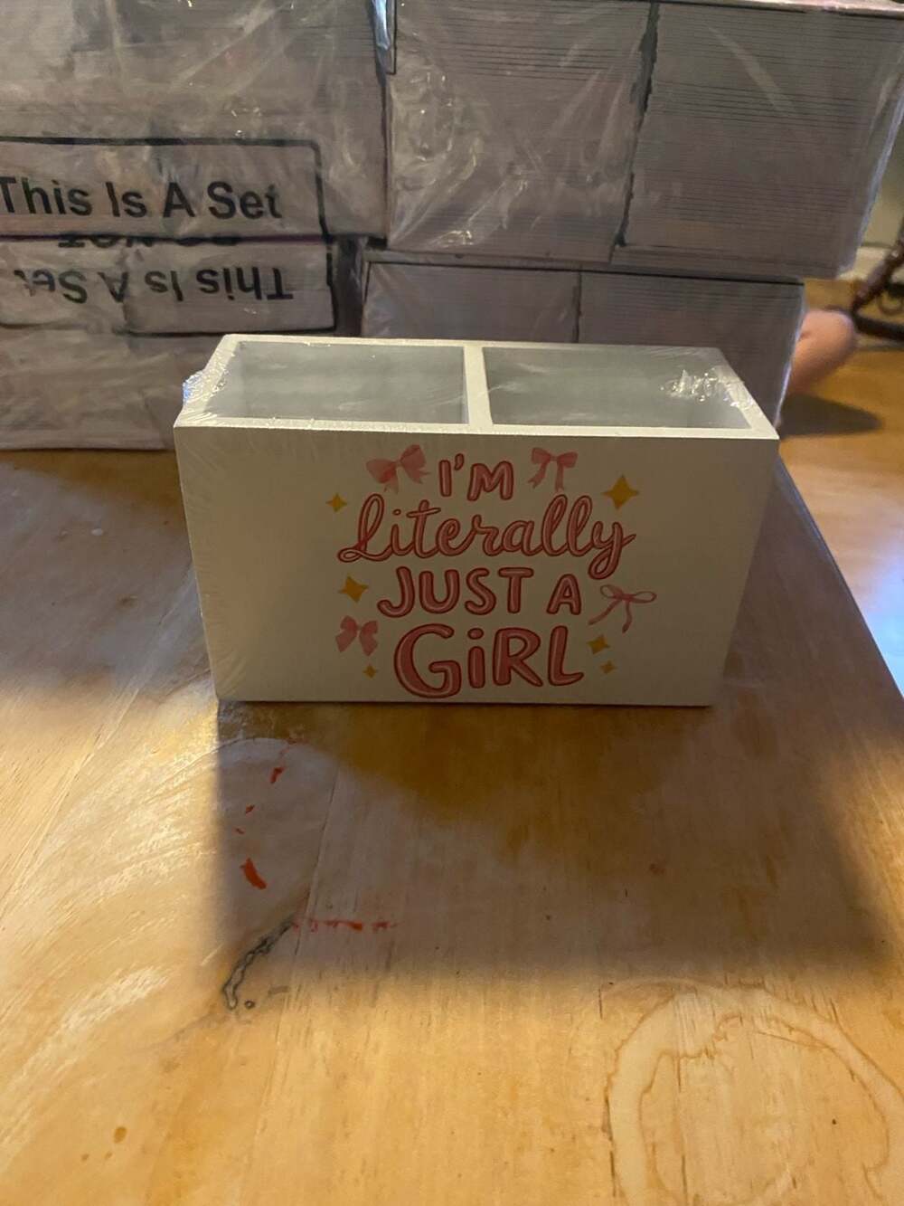 Wooden Bathroom Organizer Box with 'I'm Literally Just a Girl' Text